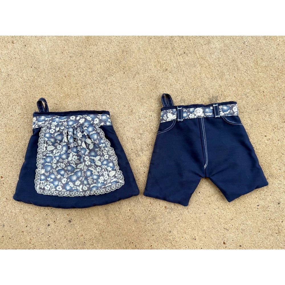 Vintage Handmade Pot Holders Set Apron Pants Blue Floral Lace Country Cottage